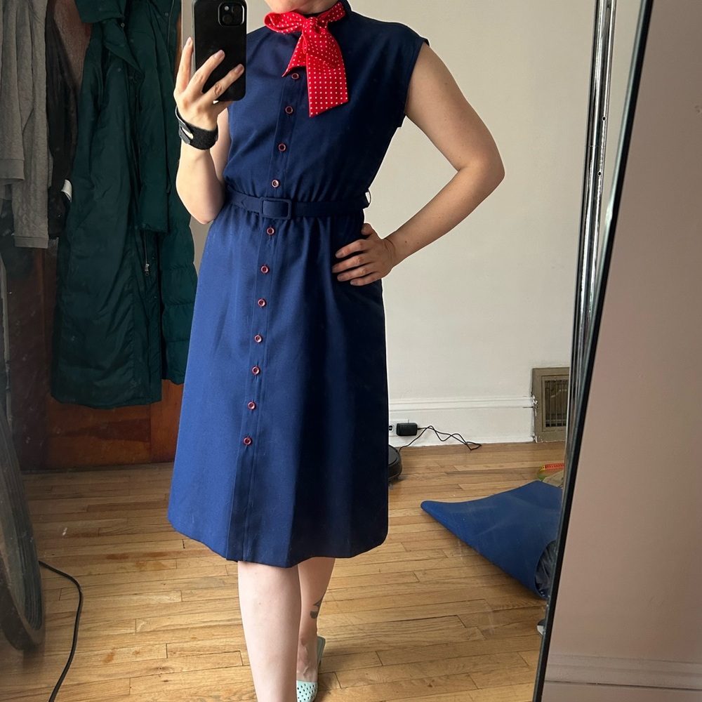 Elegant Navy Blue Dress with Red Accents